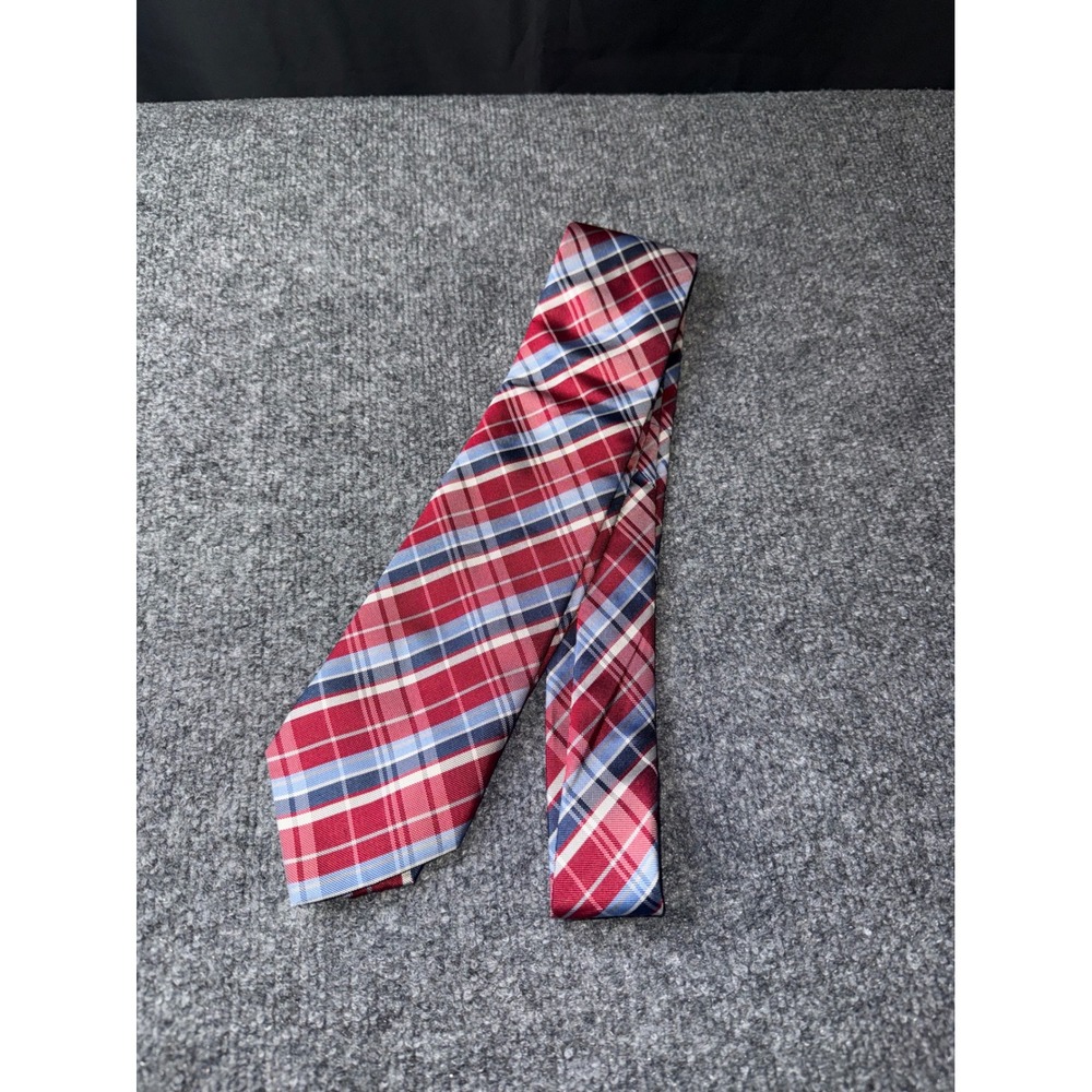 Pierre Cardin Mens Red Blue Plaid Silk Blend Necktie Designer Dress Tie
